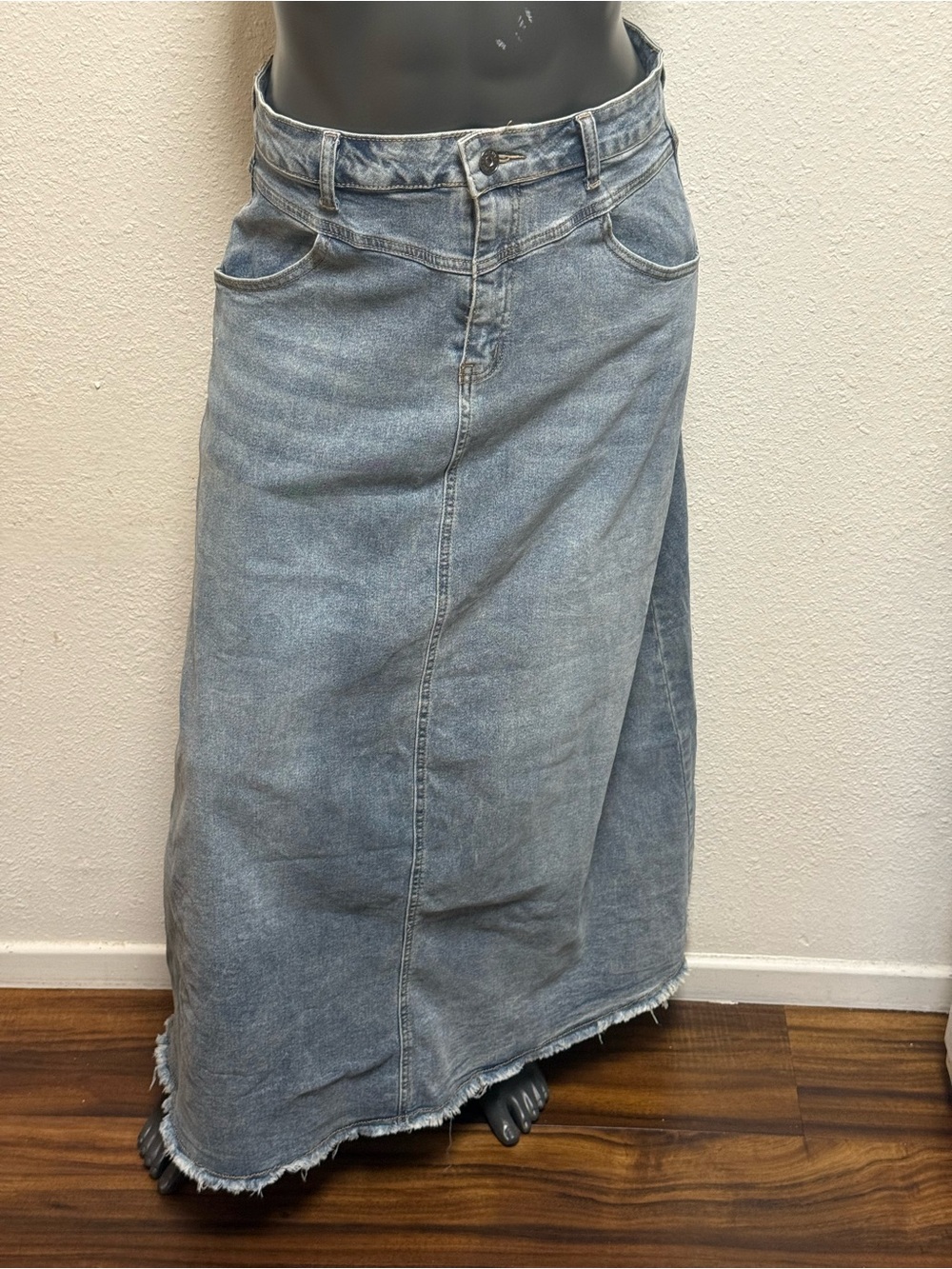 Washed Denim Maxi Skirt in Light Blue